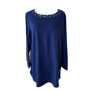 Susan Graver Knit Top Tunic Plus 2X Blue Embellished Pullover Artsy Crew Neck